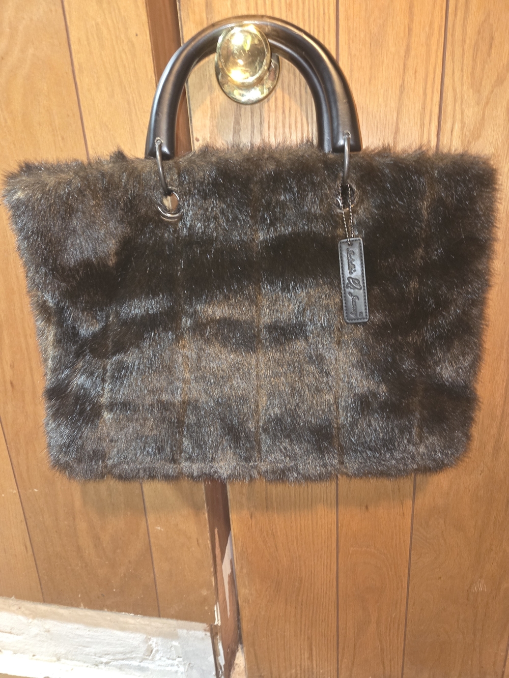 Faux Fur Tote Bag with Top Handles - Dark Brown